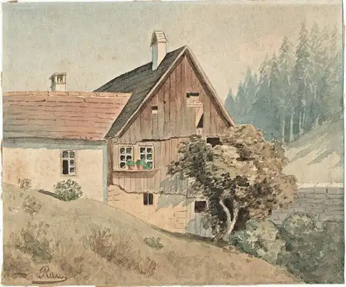 Aquarell Holzhaus mit Baumgruppe, signiert „Rau“