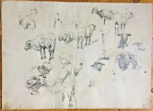Skizzenblatt mit Kindern und Schafen eines unbekannten Malers Bleistiftzeichnung