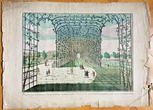 Altcolorierter Kupferstich Garten des Gouverneurs von Pondichery, Ostindien 1780