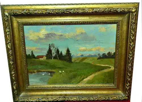 Gemälde,Öl auf Pappe,Landschaft in den Voralpen,sign. Baumgarten,um 1900,gerahmt