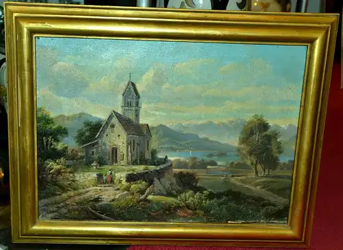 Gemälde,Öl auf grober Leinwand,Blick ü.e. Kapelle auf den Rhein,gerahmt,19.Jhdt