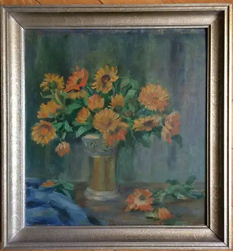 Blumenstilleben - Asternstrauß in Vase, nicht signiert, Öl auf Spanplatte, 1930