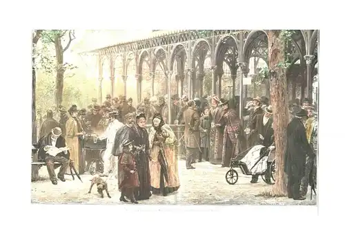 Colorierter Holzstich „An der Trinkhalle in Kissingen“ von Wilhelm Räuber