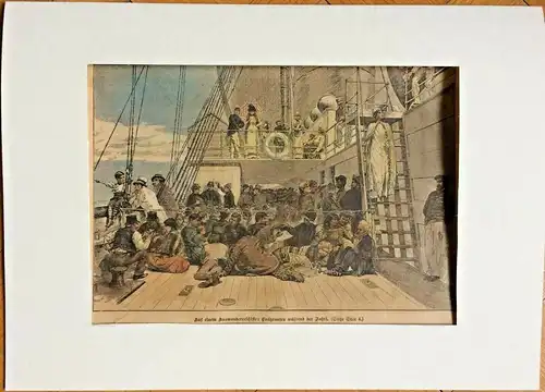 Colorierter Holzstich „Auf einem Auswandererschiffe : Emigranten ........."