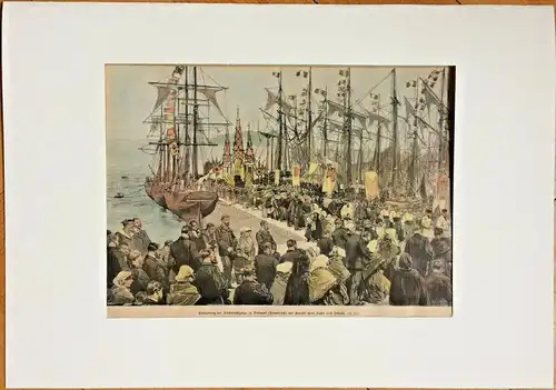 Colorierter Holzstich „Einsegnung der Fischerfahrzeuge in Paimpol " Passepartout