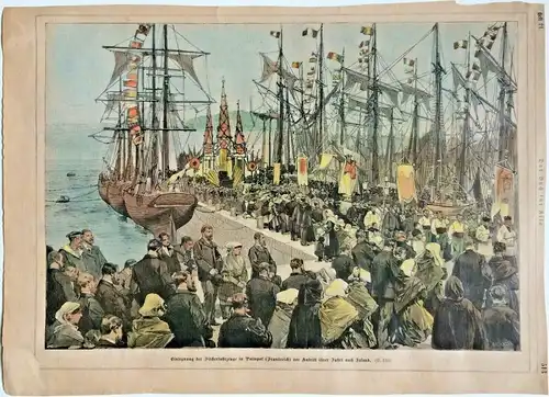 Colorierter Holzstich „Einsegnung der Fischerfahrzeuge in Paimpol " Passepartout