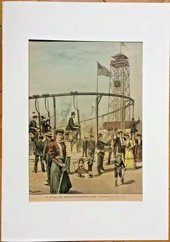 Colorierter Holzstich „Das Luftveloziped und der Aussichtsthurm auf Coney-Island