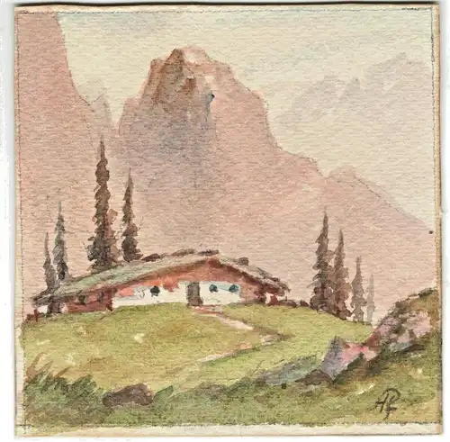 Kleines Aquarell Hochgebirge mit Almhütte, monogrammiert „HP“