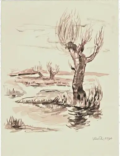 Aquarell Seenlandschaft mit Weiden signiert „Ulrich 1960“ auf dünnem Karton