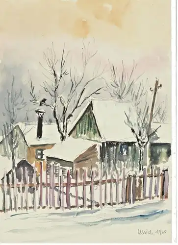 Aquarell Siedlung mit kleinen Holzhäusern im Winter, signiert „Ulrich 1960“