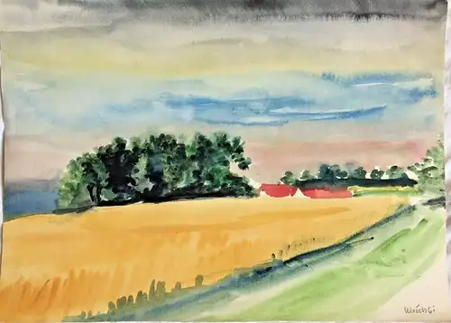 Aquarell Getreidefeld mit Baumgruppe signiert „Ulrich 61“ auf Papier