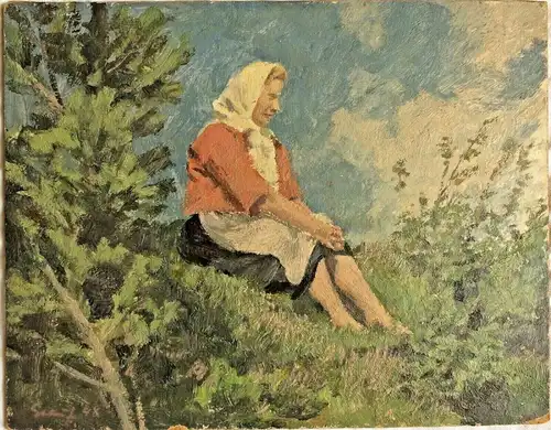 Ölbild Frau mit Kopftuch auf einer Wiese sitzend