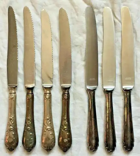 Sieben Messer versilbert, ca. Anfang 20. Jahrhundert, Länge 25 cm