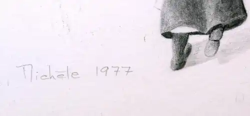 Bleistiftzeichnung,Die Kiche ruft, sign. Michele,1977,gerahmt,Passepartout