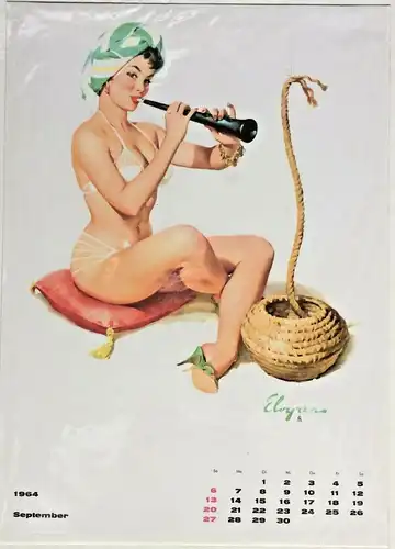 Farbdruck Erotische Darstellung auf einem Kalenderblatt August 1964