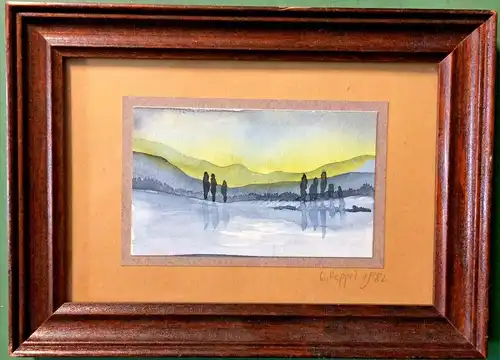 Kleines Aquarell einer Seenlandschaft signiert „W. Heppel 1982“