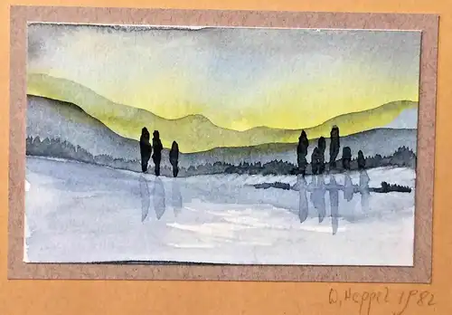 Kleines Aquarell einer Seenlandschaft signiert „W. Heppel 1982“