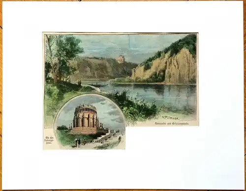 Colorierter Holzstich „Donauufer und Befreiungshalle“ von Richard Püttner