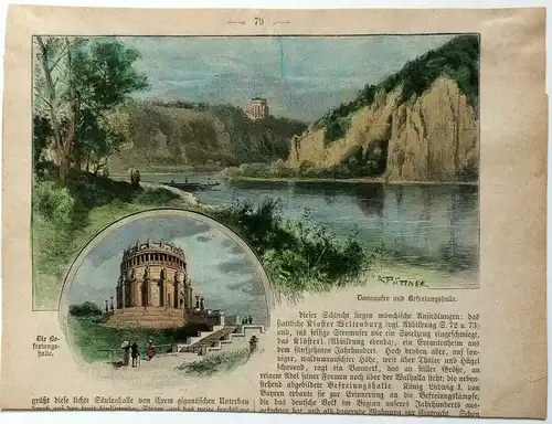 Colorierter Holzstich „Donauufer und Befreiungshalle“ von Richard Püttner