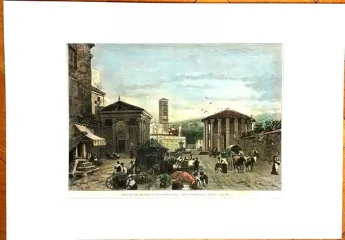 Colorierter Holzstich „Tempel der Vesta und Tempel der Fortuna Virilis in Rom“