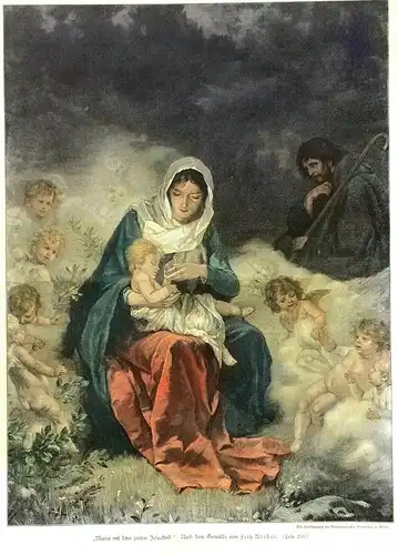 Colorierter Holzstich „Maria mit dem zarten Jesuskind“ von Fritz Roeber