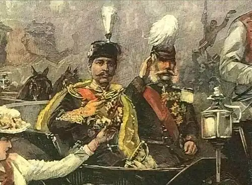 Colorierter Holzstich „Der deutsche Kaiser in Wien: Fahrt nach Schönbrunn“