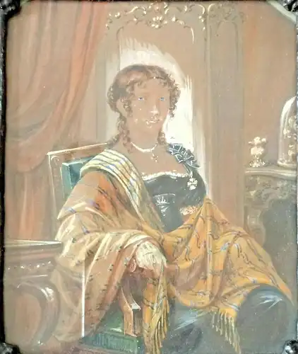 Kleines Ölbild einer sitzenden Frau in einem Lehnstuhl, ca. 1850, Stuckrahmen