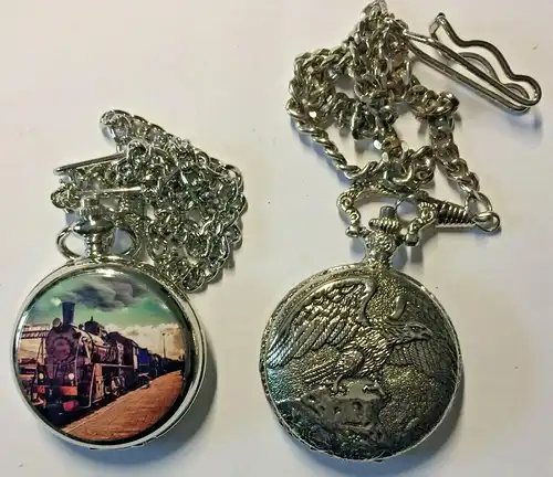 Zwei Taschenuhren, Motiv Eisenbahn (farbig) und Adler (Mondphase), Handaufzug