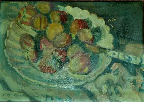 Ölbild,Karton,Teller mit Früchten, signiert,gerahmt,wohl um 1900
