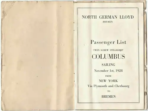 S.S. Columbus – Passagierliste einer Überfahrt v. New York nach Bremen 1.11.1928