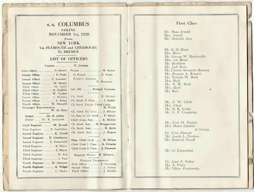 S.S. Columbus – Passagierliste einer Überfahrt v. New York nach Bremen 1.11.1928