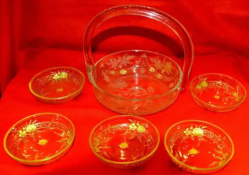 Glaskorb und 5 Schälchen, mit geschliffenem u.vergoldetem Blumendekor,Wien,19.Jh