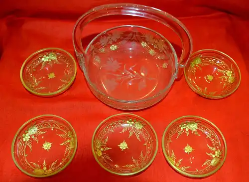 Glaskorb und 5 Schälchen, mit geschliffenem u.vergoldetem Blumendekor,Wien,19.Jh