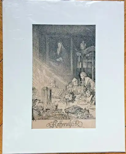 „Kaffeevisite“ - Druck nach einer Federzeichnung, monogrammiert „R. S.“