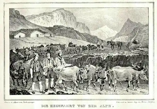 Original-Lithographie nach Josef Rattensperger: „DIE HEIMFAHRT VON DER ALPE“