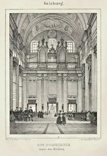 Original-Lithographie nach Georg Pezolt: Salzburg - Die Domkirche, Eingang