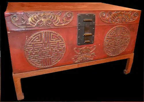 Chinesischer Koffer / Truhe,chinarot aus Pappe,Papier,Leder u. Holz,19.Jhdt