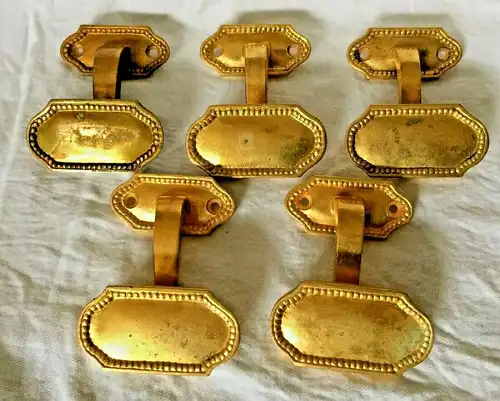 Fünf antike Türgriffe, Messing feuervergoldet, ca. 1880, etwas fleckig