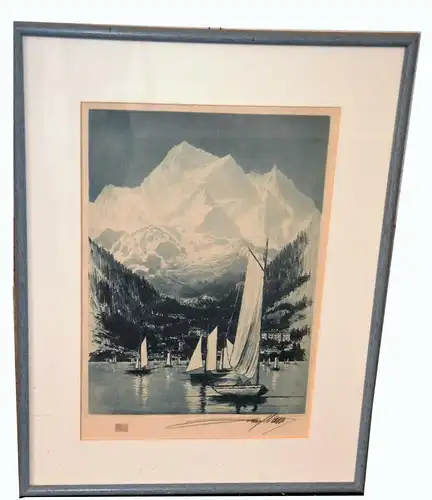 Grafik,Radierung,Segelboote a.d.Genfersee v. Montblanc,gerahmt,Passepartout