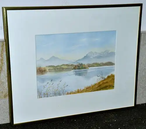 Original Aquarell,Inge Huber,Insel im See,wohl Staffelsee,gerahmt,Passepartout