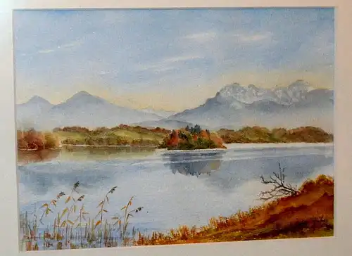 Original Aquarell,Inge Huber,Insel im See,wohl Staffelsee,gerahmt,Passepartout