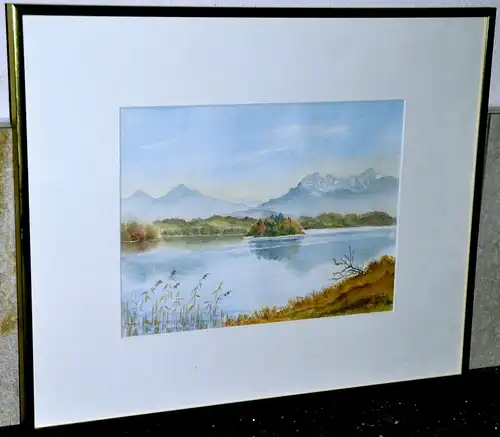 Original Aquarell,Inge Huber,Insel im See,wohl Staffelsee,gerahmt,Passepartout