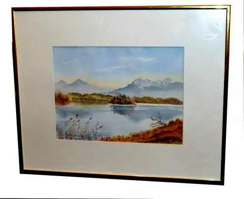 Original Aquarell,Inge Huber,Insel im See,wohl Staffelsee,gerahmt,Passepartout