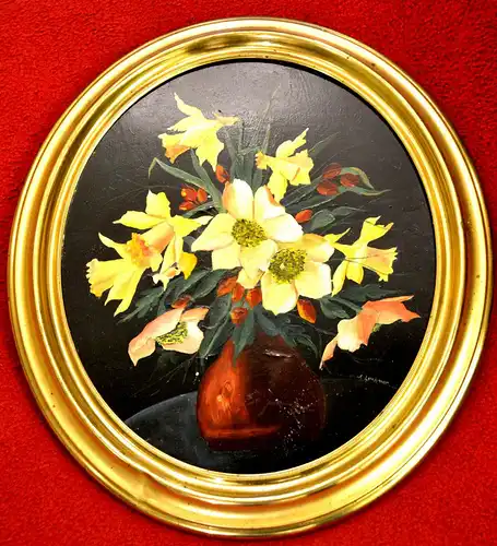 Ölbild,Blumenstilleben,sign.Lechner,ovaler Messingrahmen( eines von zwei) um1900