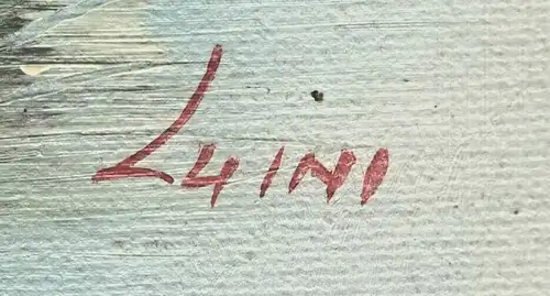 Ölbild auf Leinwand: Schiffskutter an Anlegestelle, signiert „Luini“