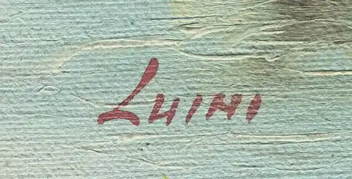 Ölbild auf Leinwand: Schiffskutter an Anlegestelle, signiert „Luini“