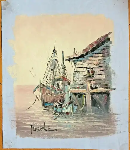 Ölbild auf Leinwand: Schiffskutter an Anlegestelle, signiert „FLORENCE“