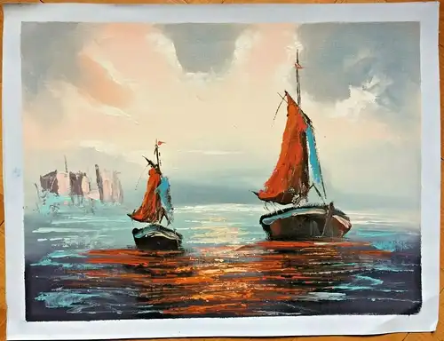 Ölbild auf Leinwand: Zwei Segelschiffe, ungerahmt, ca. 1950er / 1960er Jahre