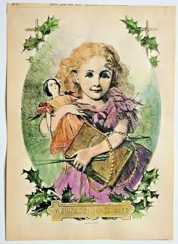 Colorierter Holzstich „WEIHNACHTSGESCHENKE“ von George Thomas im Passepartout