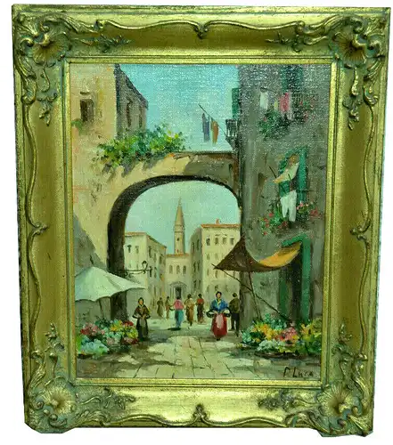 Ölbild a. Platte,Durchblick auf eine Stadt,wohl in Italien,sign. P.Luca, gerahmt